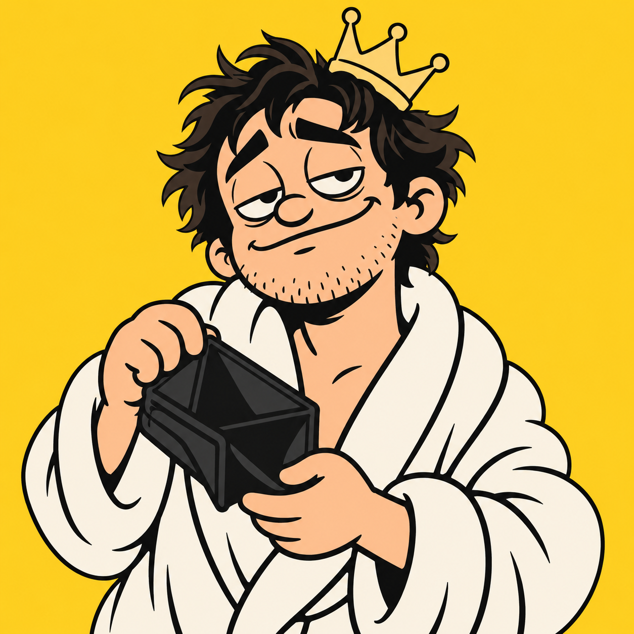Unemployed Billionaire, a sleepy bathrobe CEO with a crown and empty wallet